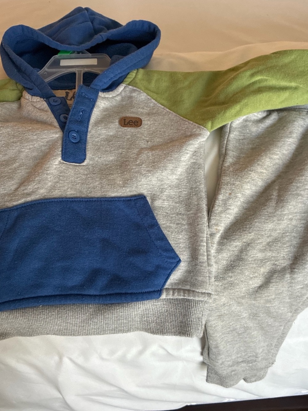 2 pc Hoodie & warm up set  in Gray with Blue Hood & Green Shoulder Accents